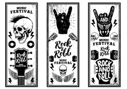 Rock and roll party flyers template. Vintage guitars, punk skull, rock and roll sign on grunge background. Vector illustration 