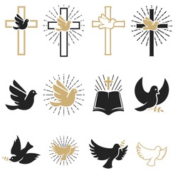 Set of religious signs. Cross with dove, holy spirit, bible. Design elements for emblem, sign, badge. Vector illustration