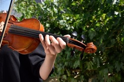 violin and bow in the hands of a girl