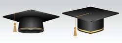 Set of realistic university graduation cap or diploma graduation black cap or graduate cap at college ceremony and achievement academic degree. eps vector