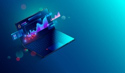 Financial analytic and business infographic elements on screen laptop. Finance graphs, analysis data and charts investment and trade.  3d isometric Vector. Business Concept.
