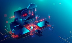 Cloud storage communication with computer, laptop, tablet and smartphone in home or work network. Online devices upload, download information, data in database on cloud services. Isometric concept.