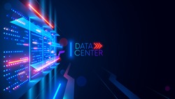 Data center or digital storage. Server rack with glowing lights. Abstract tech background of cloud computing, networking technology. Data stream processed and warehouse by server. Conceptual banner.