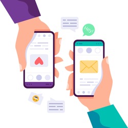 Two hands holding phone with message, icons and emoji. Communication concept on white background. Social networking concept. Vector flat cartoon illustration for web sites and banners design