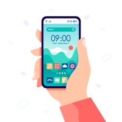 Hand holding modern cell phone with home screen smartphone interface. Touchscreen device with search bar and forecast. Start screen with app icons, shortcuts. Vector flat cartoon illustration