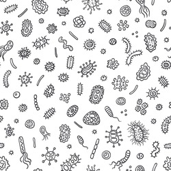 Bacteria and germs outline pattern, micro-organisms disease-causing objects, different types, bacteria, viruses background. Bacteria microbes and viruses pattern. Microscopic bacterium and bacillus

