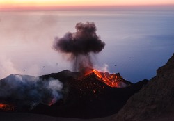 Active volcano on Stromboli island ar sunset, Aeolian islands, Sicily, Italy 
