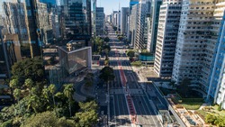 Aerial view of Av. Paulista in São Paulo, SP. Main avenue of the capital. Sunday day, without cars, with people walking on the street.
