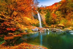 View of the waterfall in autumn. Waterfall in autumn colors. Suuctu Waterfalls, Bursa, Turkey. 
