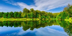 lake view in summer. spring landscape on the lake. panoramic lake landscape. Lake scene in magnificent nature of Turkey. panoramic nature background theme. Uludag mountain national park, Bursa, Turkey