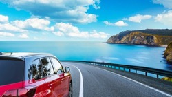 highway view on ocean beach. road landscape in summer. highway landscape at mediterranean. car driving on the roads of europe. coastal road in europe. Colorful seascape in the Mediterranean.