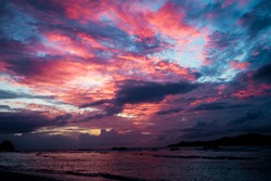 Sunset seascape with dramatic sky and colorful clouds
