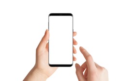 Isolated hands and smartphone on white background. Female hand holding modern black phone in vertical position.