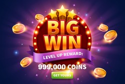 Big win pop up ads with golden coins flying out from round marquee light board for publicity, glittering purple background and green button