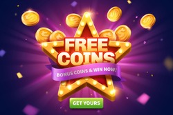 Free coins pop up ads with golden coins flying out from star shape marquee light board for publicity, glittering purple background and green button