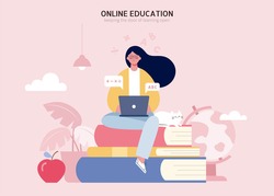Young girl sitting on pile of books and using laptop. Flat illustration of e learning and tutorial concept.