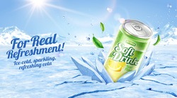 3d lime juice soda ad template. Realistic can crashing frozen ice with glacier background.
