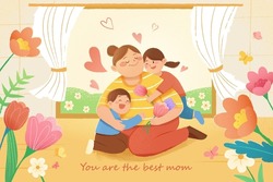 Hand drawn Mother's Day drawing of cute children hugging their mother at home. Concept of warm love.