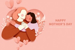 Minimal peach pink Mother's Day template in paper cut design. Young mother is cuddled by daughter. Concept of diverse family.