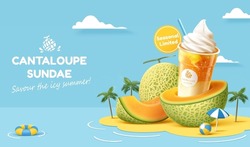 3d cantaloupe sundae ad template in cute paper cut design. Plastic takeout cup displayed on fresh melon fruit with summer island decorations.