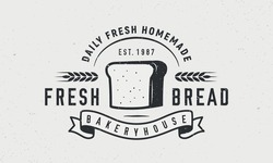 Fresh Bread, Bakery logo. Bakery trendy logo with tost bread and ribbon banner. Bakery product logo. Craft grunge texture. Vector emblem template.