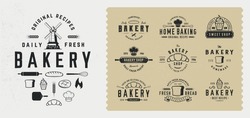 Vector Vintage Bakery, Pastry logo set. Set of 10 bakery logo templates and 11 design elements for Bakery, Cafe, Cooking Class and Restaurant menu or logo. Bread, Cupcake, Croissant  emblems. 