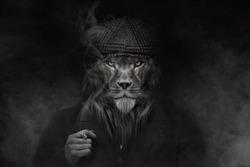 Man in the form of a Lion mammal Mafia style , The Lion person , animal face isolated black white , Peaky Blinders	
