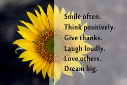 Inspirational motivational words - Smile often. Think positive. Give thanks. Laugh loudly. Love others. Dream big. Positivity quotes list with bright yellow flower of  sunflower on black background.