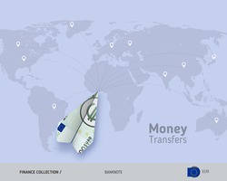 Money transfer around the world. 100 Euro paper plane. Flat style vector illustration.