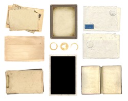 Collection of vintage elements for scrapbooking. Set of retro photo, envelope, card, open book with empty pages, coffee stain. Objects isolated on white background
