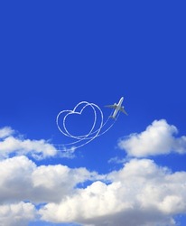 Vertical nature background with aircraft draw a heart in the sky. Flight route of aircraft in shape of a heart. Love concept for traveling the world