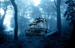 Halloween banner with haunted house. Old abandoned house in the night forest. Scary colonial cottage in mysterious forestland. Photo toned in blue color