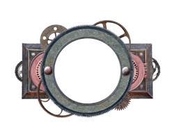 Metallic round frame with vintage machine gears and retro cogwheel. Isolated on white background. Mock up template. Copy space for text. Can be used for steampunk and mechanical design
