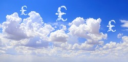 Money making. Great Britain pound sterling sign in the clouds. Cloud shaped as GBP currency symbol. British pound symbol made of cloud. Business, development and prosperity concept