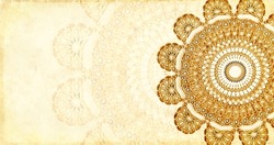 Grunge background with paper texture and ancient ornamental carved floral ornament, Morocco. Horizontal or vertical banner with ornament in Moroccan style. Mock up template. Copy space for text