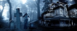 Horizontal Halloween banner with haunted house and medieval stone cross, tombstones in a cemetery in foggy forest. Mysterious landscape with abandoned house in night forest. Photo toned in blue color