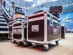 Concert activity. Cases for transportation of equipment. Stage equipment. Boxes on the wheels.