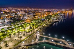 Cyprus. Night Limassol. Night promenade of Limassol. Limassol aerial view. The beaches of the Mediterranean Sea.Travel to Cyprus. Holidays in the Mediterranean.The beaches of Cyprus. Travel to the sea
