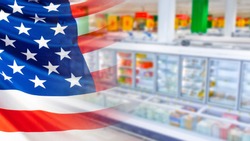 A coronavirus scare in the US. American flag and store counters. People buy a stock of food. Closing stores in America to prevent coronavirus. Panic over Covid-19.