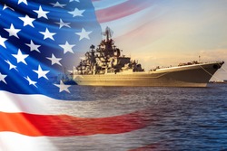 The Navy of the United States of America. Warship on the background of the American flag. Protection of the state's Maritime borders. Participation in armed conflicts on the water.