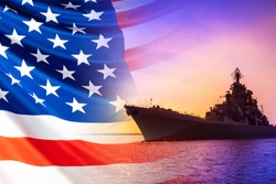 American warship. America's Navy. Ship on the background of the American flag. Naval forces of the United States. us Navy. Ship against the background of the sunset and the American flag.