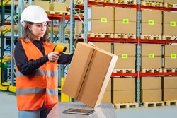 Warehouse. Storage of goods in a warehouse. The work of the storekeeper. A girl in a reflective vest reads a barcode from a box. Warehouse storage technologies.