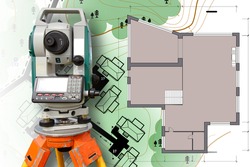 Cartography and geodesy. Work of a surveyor. Measuring equipment in construction. Mapping. Theodolite on the map background. Theodolite near the layout of the house.