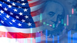 USA flag next to a portrait of Franklin. Concept - Economy concatenate States. Financial market of America. Concept - federal reserve system. US Federal Reserve. Charts symbolize market changes.