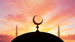 Crescent moon of Muslim mosque on sky background. Symbol of Islam on dome of mosque. Silhouettes of Islamic baths and minarets. Concept - belief in Islam and Islam. Visiting mosques