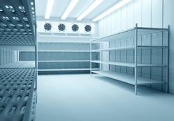 Refrigeration Chamber for Food Storage. Metal Shelves and Racks for String Frozen Foods. Food Freezing Shop. Selective Storage System. Cold Warehouse. Air conditioning on a warehouse wall.