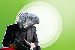 Lizard in business suit. Businessman with lizard face. Reptile head on human torso. A cunning and resourceful man. The lizard as a symbol of guile. Collage in magazine style with place for text.