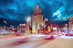 Evening Moscow. Russia. Buildings of Ministry of Foreign Affairs. Moscow in winter evening. Moscow roads with effect of speed. Russian architecture. Sights of Russia. Russian tourism.