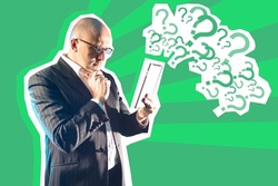 Dilemma of choice. Confused businessman next to question marks. Collage on topic of business dilemma. Man holds clipboard in his hands and looks at it. Pensive office worker on green background.