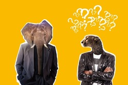 People with animal heads. Leopard and elephant on orange background. Question marks as symbol of misunderstanding. Concept - misunderstanding between different characters. Characters conflict.